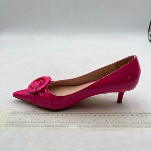 YDN Hot Pink Low Kitten Heel Pumps Pointy Toe Slip On Patent Buckle Basic Shoe